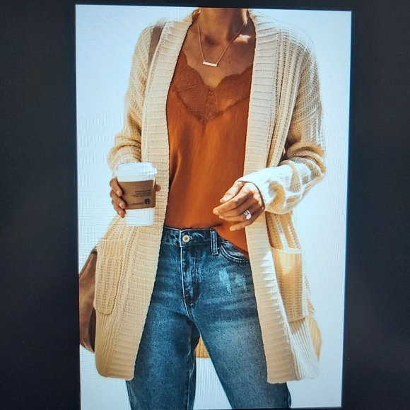 065. Apricot Shawl Neckline Long Sleeve Cardigan with Pocket  Size L - Picture 5 of 15